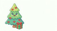 Cute cartoon Christmas tree character with hearts and gift box isolated on white background for holiday designs and greeting cards.