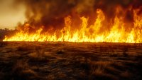 Dramatic wildfire blazing across dry grassland at night, intense orange flames illuminating dark landscape against smoky sky, natural disaster emergency scene.
