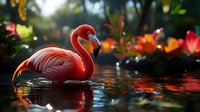 Pink flamingo swimming in dark water with vibrant autumn leaves floating on surface, dramatic backlit scene creates magical atmosphere in nature setting.