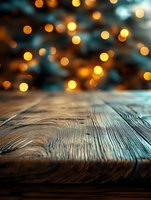 Wooden table surface with warm golden bokeh lights background for product display and holiday decorations.