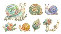 Whimsical snail characters with floral and nature elements, isolated on white background, ready for clipart, t-shirt design, children's book illustration, greeting cards, and decorative projects.