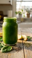 Fresh green smoothie in mason jar with spinach leaves and lemon slices on rustic wooden table in bright modern kitchen for healthy lifestyle and detox.