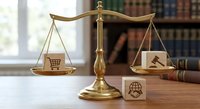Golden scales of justice balancing shopping cart and gavel symbols representing consumer rights and legal protection in commercial law disputes.