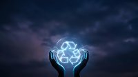 Hands holding glowing recycling symbol against stormy sky, representing sustainable energy, environmental protection, and green technology solutions for business and ecology concepts.