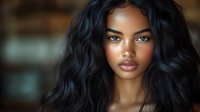 Young African American woman with long wavy black hair and striking blue eyes in soft natural lighting for beauty and fashion concepts.