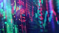 Vibrant stock market data visualization with neon green and pink colors showing financial charts, graphs and trading indicators on dark background. Digital economy concept.