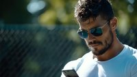 Young Hispanic man with beard and sunglasses looking at smartphone screen outdoors on sunny day wearing white t-shirt, modern lifestyle portrait.