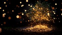 Magical glowing golden sparkles and particles exploding from pile of shimmering dust against dark background with bokeh lights, creating festive atmosphere.