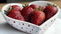 Fresh ripe strawberries in heart-shaped polka dot bowl on white surface for healthy eating, dessert recipes, and romantic dining concepts.