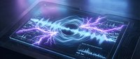Digital tablet displaying futuristic holographic interface with purple and blue energy waves, lightning effects and data visualization for technology concepts.