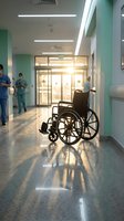 Empty wheelchair in modern hospital corridor with medical staff and bright lighting creating healthcare accessibility concept.