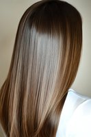 Silky smooth straight brown hair with natural balayage highlights showcasing professional hair coloring and styling technique for beauty salon advertising.