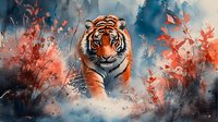 Majestic Bengal tiger walking through misty autumn forest with red leaves and moody blue atmosphere, artistic watercolor style wildlife illustration.