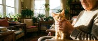 Senior man with ginger cat sitting in sunlit living room surrounded by potted plants and vintage furniture. Warm domestic scene for lifestyle, pet care, and aging content.