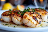 Pan-seared sea scallops with golden-brown crust garnished with fresh herbs in butter sauce on white plate, close-up view showing texture and caramelization.