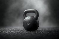 Heavy black iron kettlebell on dark textured surface with moody atmospheric lighting and shallow depth of field, dramatic sports equipment photography.