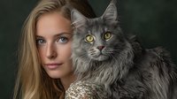 Young blonde woman with blue eyes holding fluffy grey long-haired cat with yellow eyes against dark background, intimate pet portrait showing bond between owner and feline.
