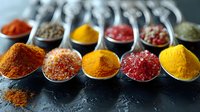 Vibrant aromatic spices in metal measuring spoons on dark background, colorful seasoning powder variety including turmeric, paprika and chili for cooking.
