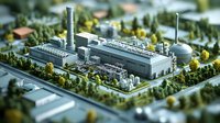 Industrial power plant with modern facilities surrounded by green trees and infrastructure, aerial view with tilt-shift effect creating miniature look.