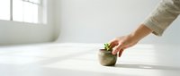 Close-up of a person's hand placing a small succulent plant in a woven pot on a bright white surface near a window, suitable for gardening, home decor, and lifestyle content.