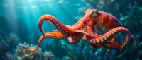 Red octopus swimming gracefully in deep blue ocean water with sunlight rays filtering through marine environment showcasing tentacles and suction cups.