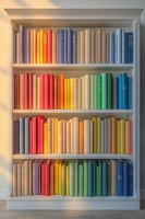 Rainbow colored books arranged on white wooden bookshelf with soft natural lighting creating cozy atmosphere. Perfect for education and library concepts.