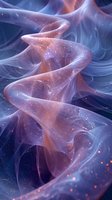 Ethereal flowing fabric-like forms in coral and blue tones with sparkling particles create dreamy, abstract cosmic atmosphere for spiritual or fantasy designs.
