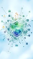 Watercolor cybersecurity shield with digital icons radiating outward on light blue background for technology and data protection concepts.
