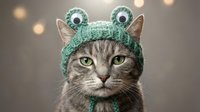 Adorable tabby cat wearing green knitted frog hat with googly eyes and ears, funny pet costume for social media content and greeting cards.