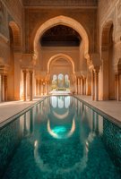 Ornate Moorish architecture with arched colonnade and reflecting pool. Emerald water mirrors elegant columns and carved details in warm sunlight creating peaceful ambiance.