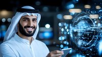Middle Eastern businessman in traditional white thobe and keffiyeh interacts with holographic digital interface displaying global technology network against blue bokeh background.