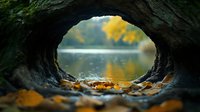 Autumn lake view through natural stone tunnel with fallen yellow leaves, tranquil water reflection and soft focus background creates serene nature composition.