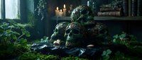 Moss-covered stone statue of mythical creature surrounded by lush green plants and ivy in dark, atmospheric forest setting with candlelit background for fantasy and gothic design projects.