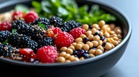 Fresh bowl of chickpeas mixed with ripe blackberries, raspberries and cranberries garnished with green herbs, close up view of healthy vegetarian protein meal.