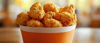 Golden crispy chicken nuggets in orange and white container, close-up view with blurred restaurant background.