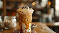 Iced caramel latte with whipped cream and drizzle swirls in plastic cup on wooden table, creamy coffee drink with sweet toppings in cafe setting.