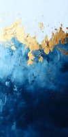 Abstract navy blue and gold textured painting with dramatic color transition. Thick paint strokes create depth and movement, metallic accents add luxury appeal.