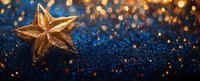 Glittering golden star decoration against dark blue background with magical bokeh lights and sparkles, creating festive holiday atmosphere and space for text.