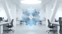 Futuristic gear mechanism with glowing blue circuits floating in modern white office workspace for technology and automation concepts.
