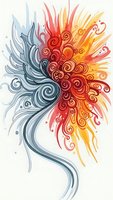 Abstract swirling design with flowing ornamental patterns in warm and cool colors on white background for creative projects and decorative applications.
