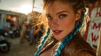Young blonde woman with blue braids in leather jacket at sunset in urban graffiti setting with warm golden light and bokeh background for lifestyle content.