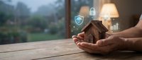 Hands holding wooden house model with security shield icons floating above, representing home protection, insurance, and digital safety for residential properties.