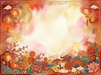 Chinese New Year celebration background with red lanterns, peonies, and traditional ornamental frame on warm golden backdrop.