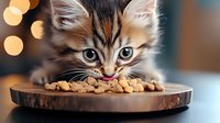 Adorable tabby kitten with bright blue eyes eating dry food from bowl against blurred bokeh lights background, capturing tender mealtime moment.