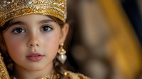 Young girl wearing ornate golden crown and traditional jewelry, soft natural lighting highlights delicate features and creates magical fairy tale atmosphere.