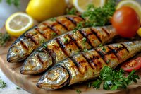 Grilled whole fish with lemon and herbs on wooden board, perfect for seafood restaurant menus and healthy cooking concepts.