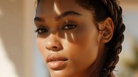 Young African American woman with braided hair in warm sunlight, natural makeup, glowing skin and serene expression looking away. Soft shadows create artistic lighting effect.