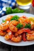 Grilled spicy shrimp garnished with fresh parsley and lemon on white plate. Close-up view of succulent seafood appetizer served on rustic wooden table.