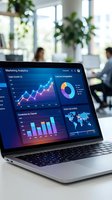 Marketing analytics dashboard displayed on laptop screen showing sales growth charts, pie charts, and global user data in modern office environment with blurred colleagues and plants.