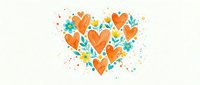 Colorful orange and yellow hearts arranged in heart shape with teal leaves and watercolor splashes on white isolated background, suitable for greeting cards, love designs, and romantic projects.
